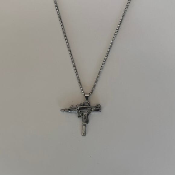 Y2K Silver Stainless Steel Uzi Necklace Urban Pendant Unisex Streetwear New - Picture 7 of 10